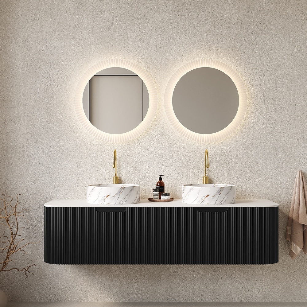 GDFStudio - Dina 60" Curved Edges Striped Bathroom Vanity with 2 White Stone Ceramic Basins, 2 Drawers, NO Faucet
