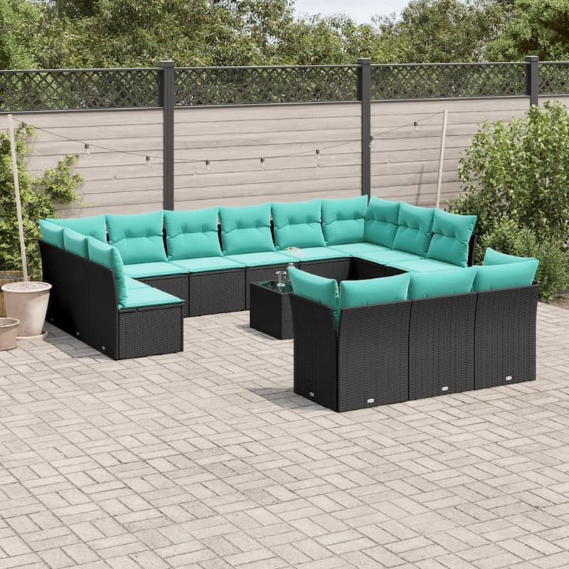 vidaXL Patio Sofa Set with Cushions Outdoor Conversation Furniture Poly Rattan - 21.7" x 24.4" x 27.2" - Black and blue with table