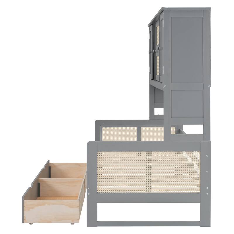 Twin/Full Size Wood Daybed with 2 Storage Drawers and All in One Cabinet, Solid Pinewood Platform Sofa Bed with Rattan Accent