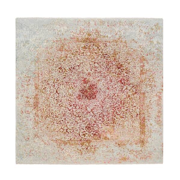 slide 1 of 11, Shahbanu Rugs Hand Knotted Ivory Persian Erased Medallion Design Wool and Pure Silk Oriental Square Rug (8'2" x 8'1")