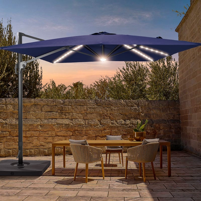 LIVOOSUN 11.5x9FT LED Cantilever Patio Umbrella Solution-Dyed Fabric w/Base - Navy Blue
