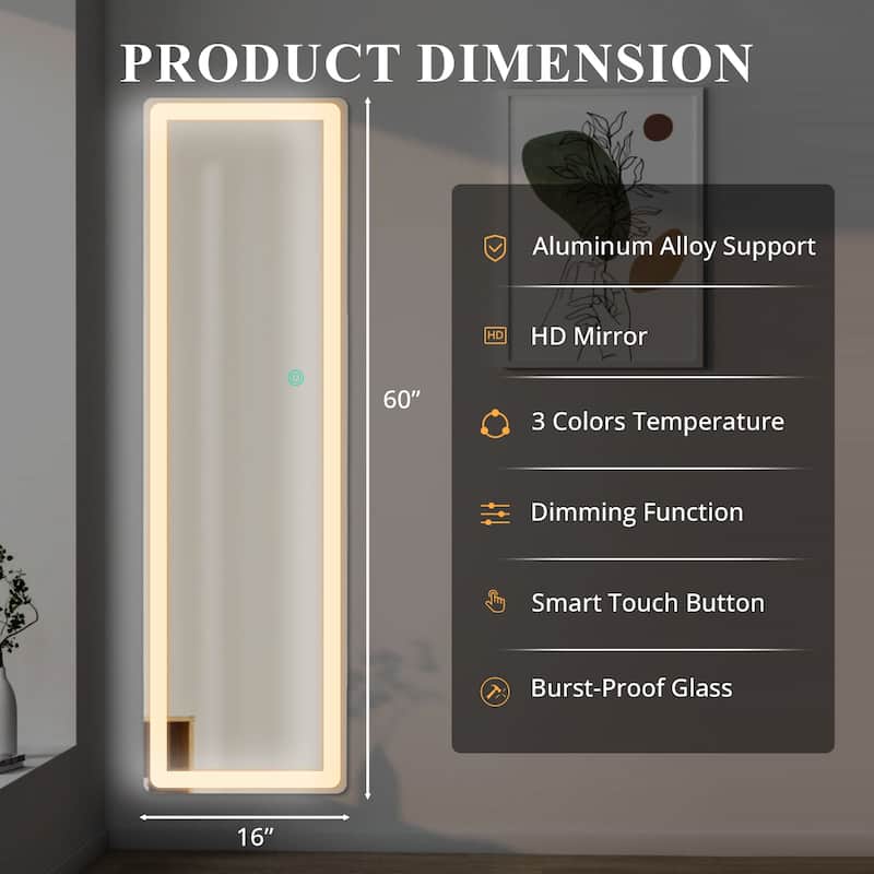 Rectangle Aluminum Alloy Frame Full Length Mirror with Stand & Dimmable 3-Color Lighting for Bedroom Cloakroom