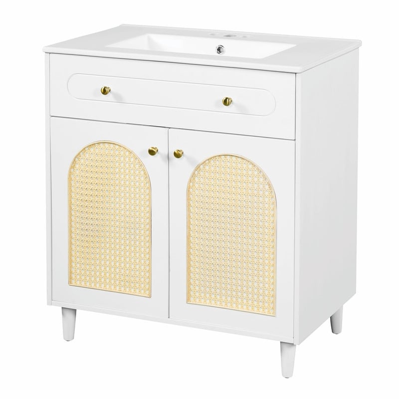 30" Bathroom Vanity with Ceramic Sink, Solid Wood Cabinet, Adjustable Shelf, Tip-Drawer & Rattan Panels