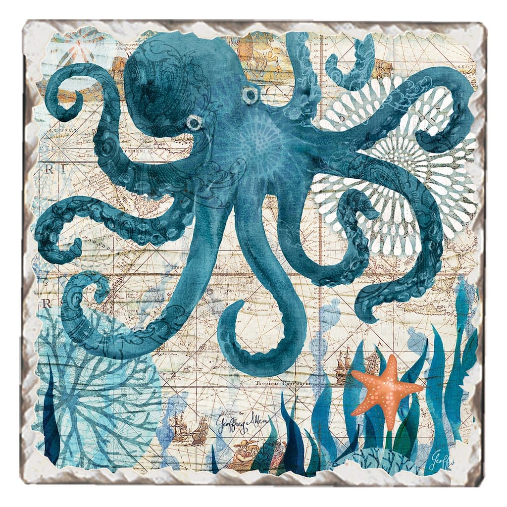 Counterart Absorbent Stone Coasters - Nautical Octopus - Set of 4 - 4x4x1.120