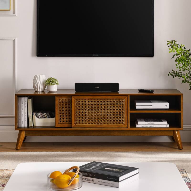 Mid-Century Modern Rattan TV Stand, for 65 Inch TV with Rattan Cabinet Doors and Solid Wood Feet, for Living Room