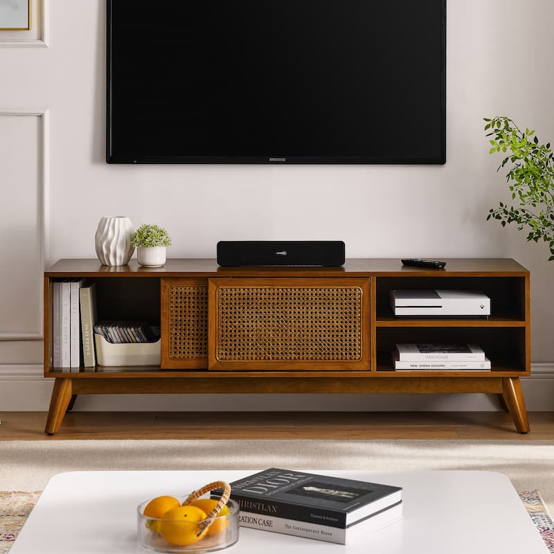 Roomfitters 59" Mid Century Modern Rattan TV Stand, Light Wood Entertainment Console, Media Cabinet for 65" TV - Brown Ebony
