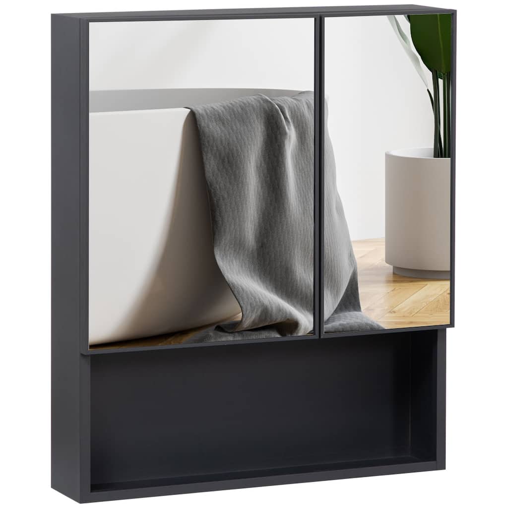 Wall-Mounted Bathroom Medicine Cabinet with Double Doors, 4 Storage Shelves, and Black Stainless Steel Frame - 5.3X23.5 in