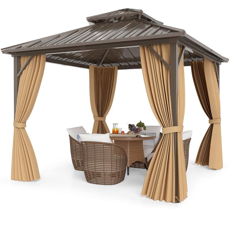 Coffee Galvanized Metal Aluminum Outdoor Gazebo with Mesh and Curtains