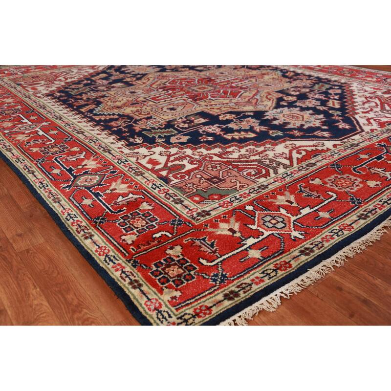 Hand Knotted Oriental 100% Wool Carpet Traditional Medallion Navy Blue & Blues Heriz (serapi) Area Rug - 9' 10'' X 8' 2''
