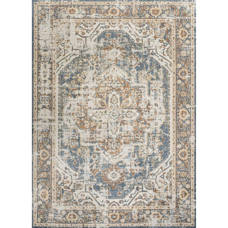 JONATHAN Y Pavel Bold Distressed Medallion Low-Pile Machine-Washable Area Rug - 5 X 8 - Blue/Cream