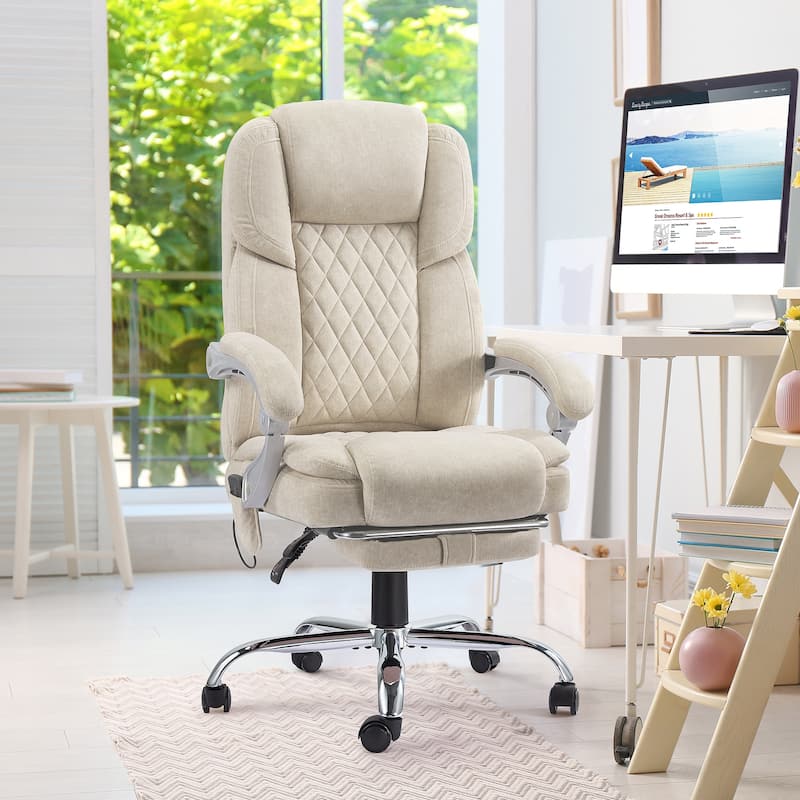 EROMMY Heated Massage Office Chair with Footrest, Ergonomic Reclining Desk Chair with Lumbar Support and Adjustable Height. - Beige