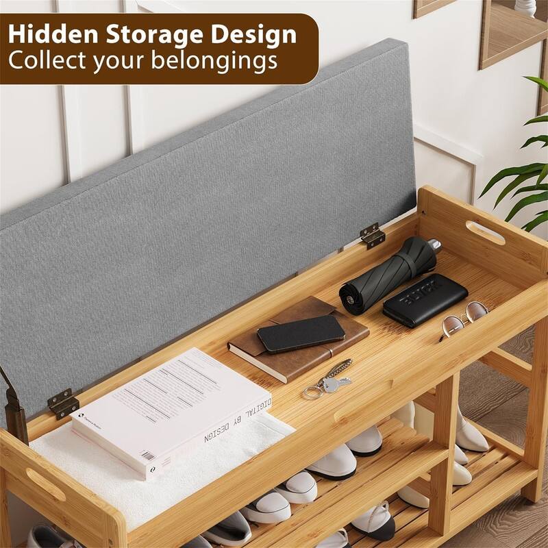 Bamboo Shoe Bench, Shoe Storage Bench with Cushion - 11.4"D x 36"W x 19.7"H