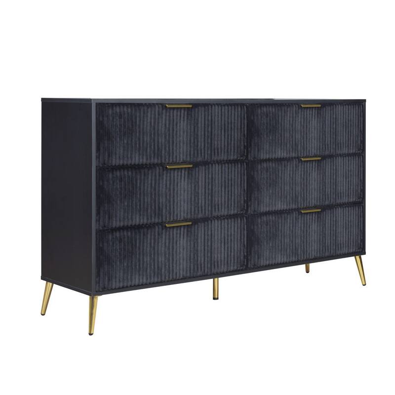 Moko 58 Inch Wide Dresser, 6 Soft Upholstered Drawers, Black, Gold - Black, Gold - 6-drawer