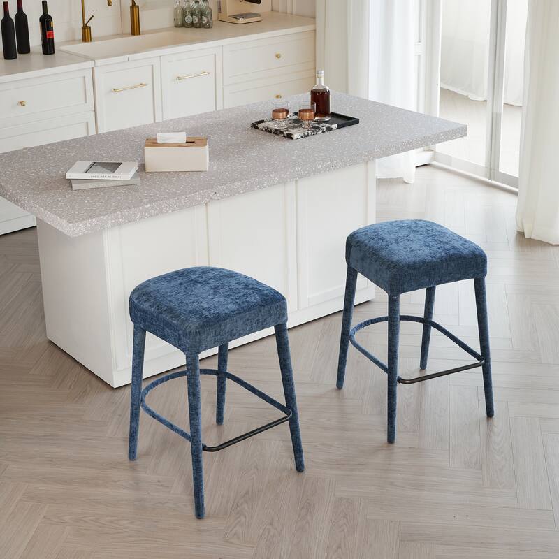 Rossetta 2-Piece Backless Fresh Design Padded Fabric Bar Stool Set with Integrated Metal Footrest - Light Blue