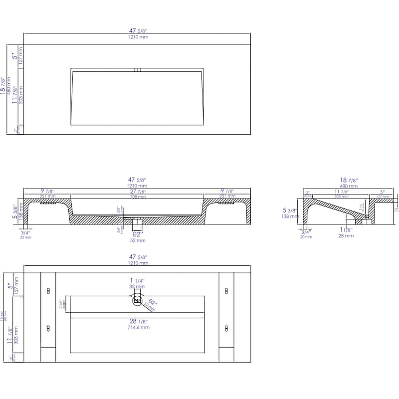 ALFI brand ABCO48R 48" Solid Concrete Rectangular Countertop Sink