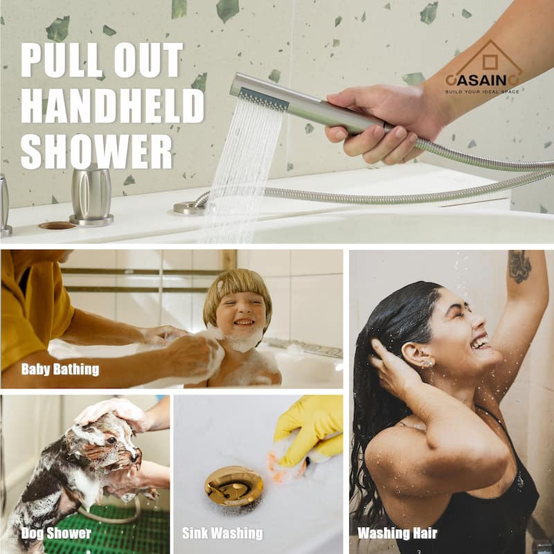 3-Handle Waterfall Roman Tub Faucet Deck-Mount Bathtub Faucet with Hand Shower