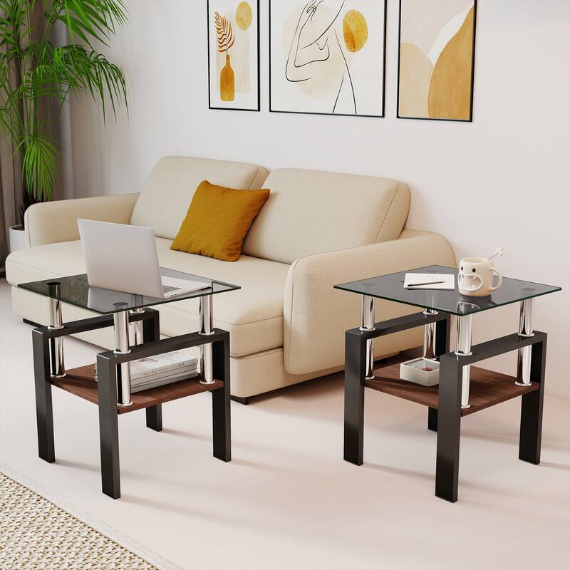 Set of 2 Modern Tempered Glass Tea Table
