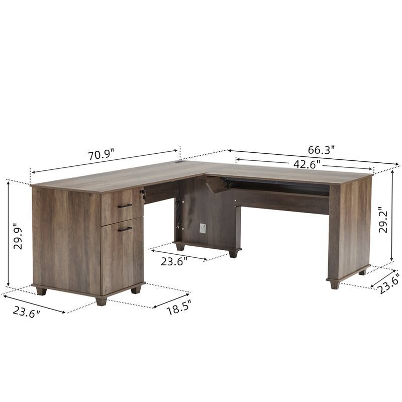 71'' L-Shaped Lift Top Home Office Desk with Storage Drawers ,File Cabinet and Convenient Charging