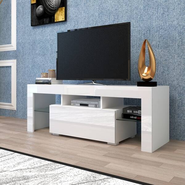 TV Stand Storage 16 Colors RGB LED Lighted TV Cabinet Glass Sheleves Sideboard White