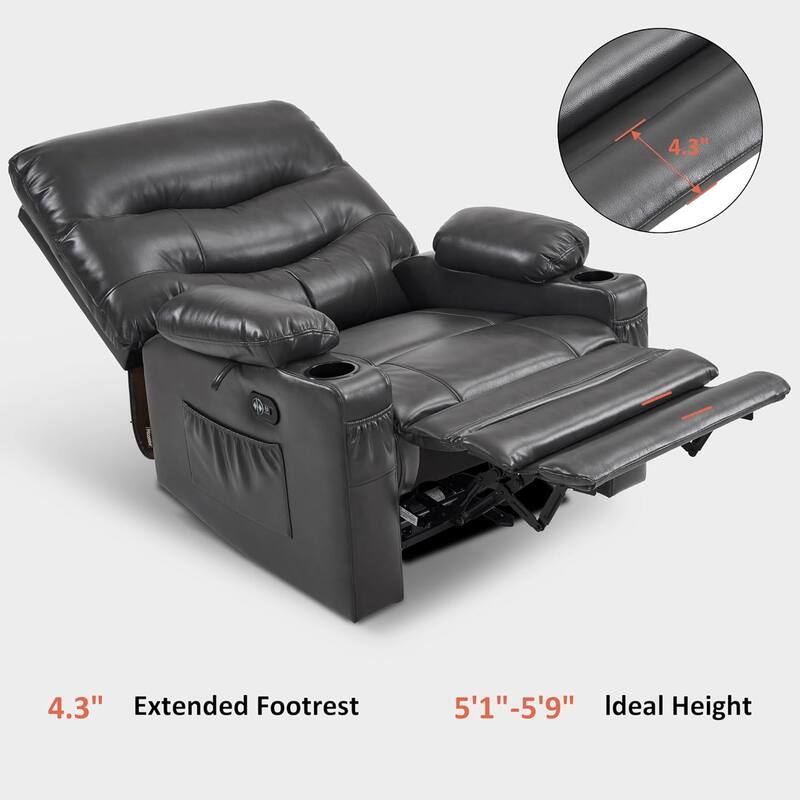 Large Power Faux Leather Recliner Chair with Heat and Massage, Cup Holder, USB Port