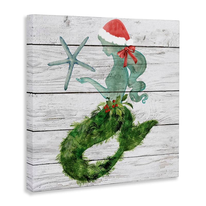 Stupell Christmas Mermaid Winter Holly Floral Pine Canvas Wall Art