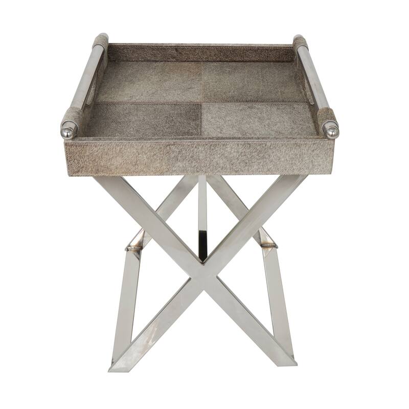 Gray Leather Tray Table Accent Table with Silver Legs and Handles