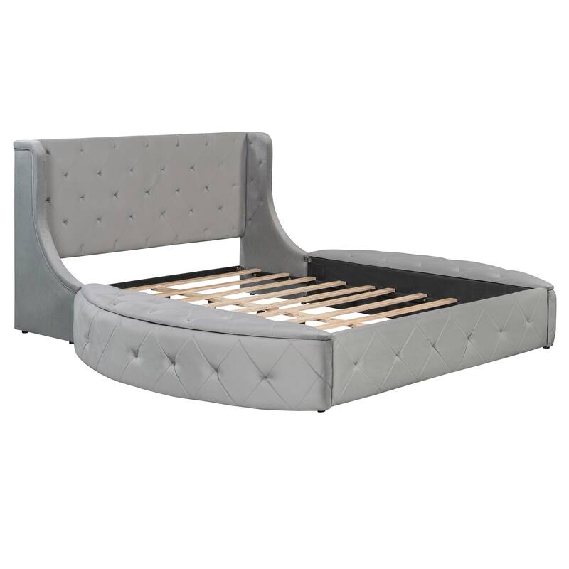 Upholstered Platform Bed Queen Size Storage Velvet Bed with Wingback Headboard and 1 Big Drawer,2 Side Storage Stool