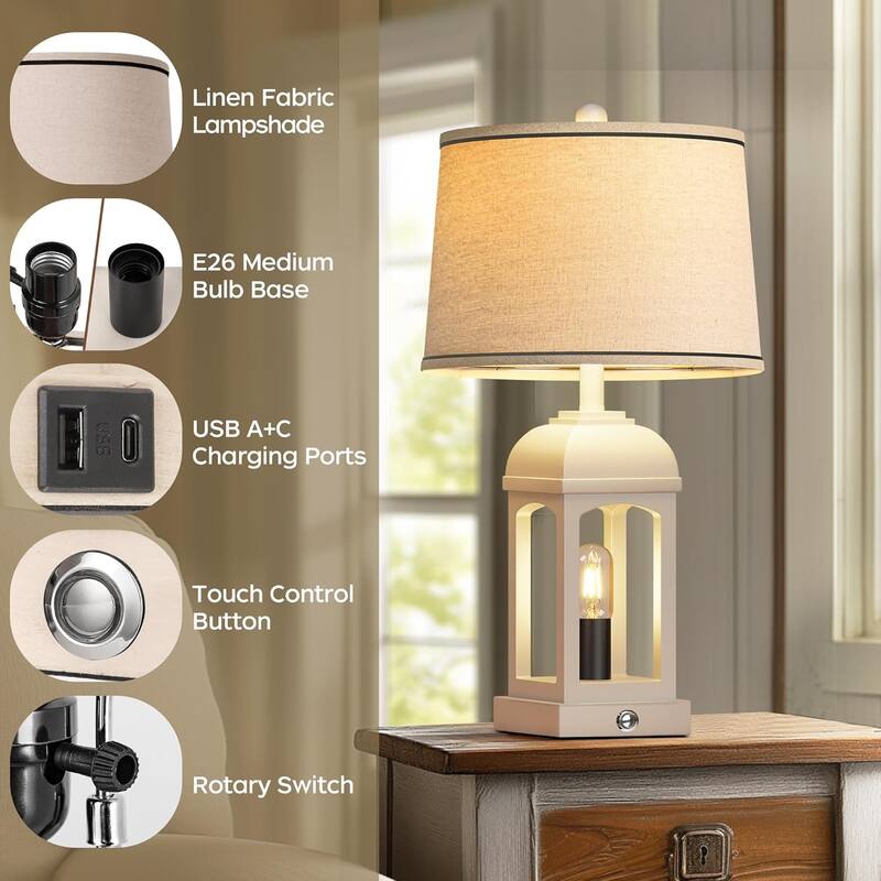 Anmytek Farmhouse Table Lamps Set of 2 White Rustic Touch Dimmable Lamp with USB Charging Nightlight
