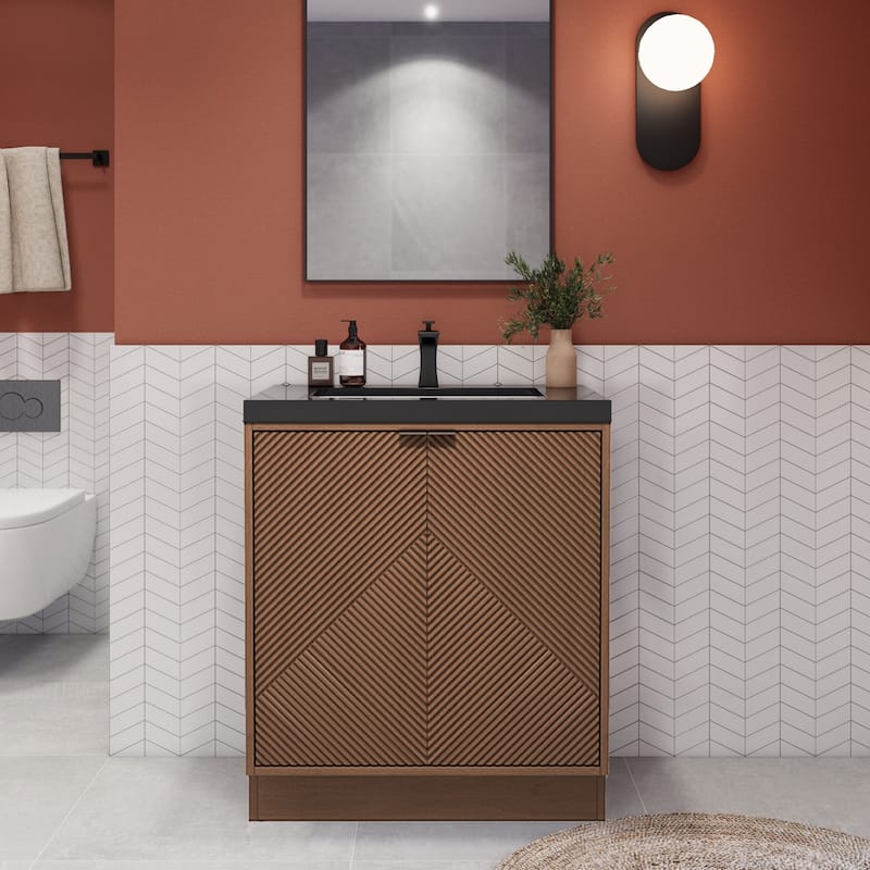 Milano 30" Freestanding Bathroom Vanity with Black Acrylic Sink - 29" x 19.49" x 35.46'' - Chestnut Brown