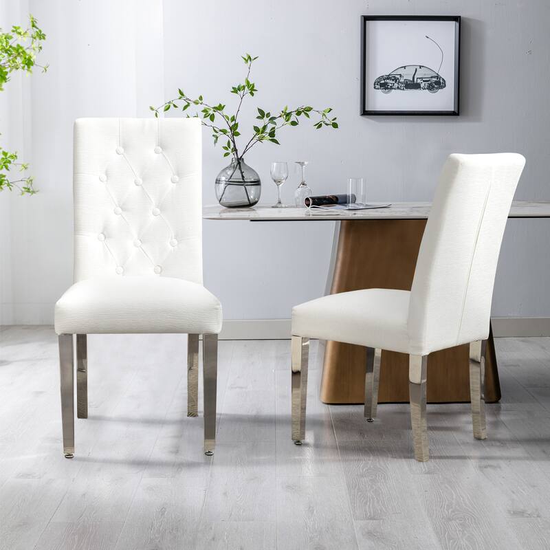 Modern Velvet Upholstery Dining Chairs Set of 2 - Stainless Steel Legs & S-Shaped Springs - Beige