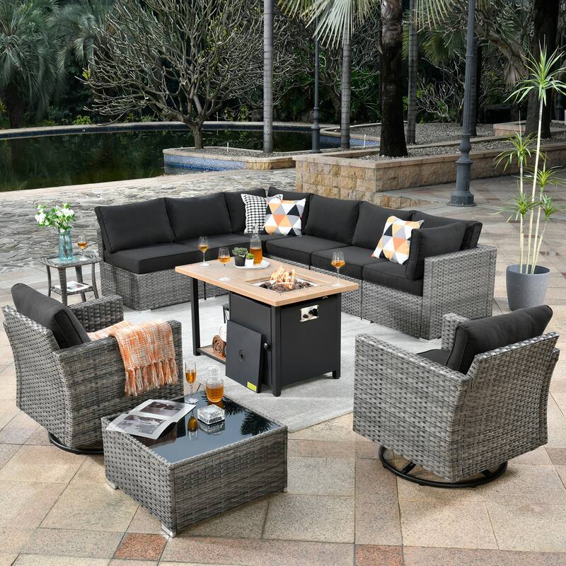 OVIOS Deep Seat Wicker 11-piece Sectional Set Swivel Chairs Fire Pit - Black