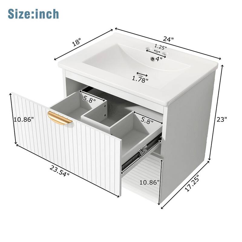 24” Modern Wall Mounted Bathroom Vanity with Ceramic Sink and 2 Drawers
