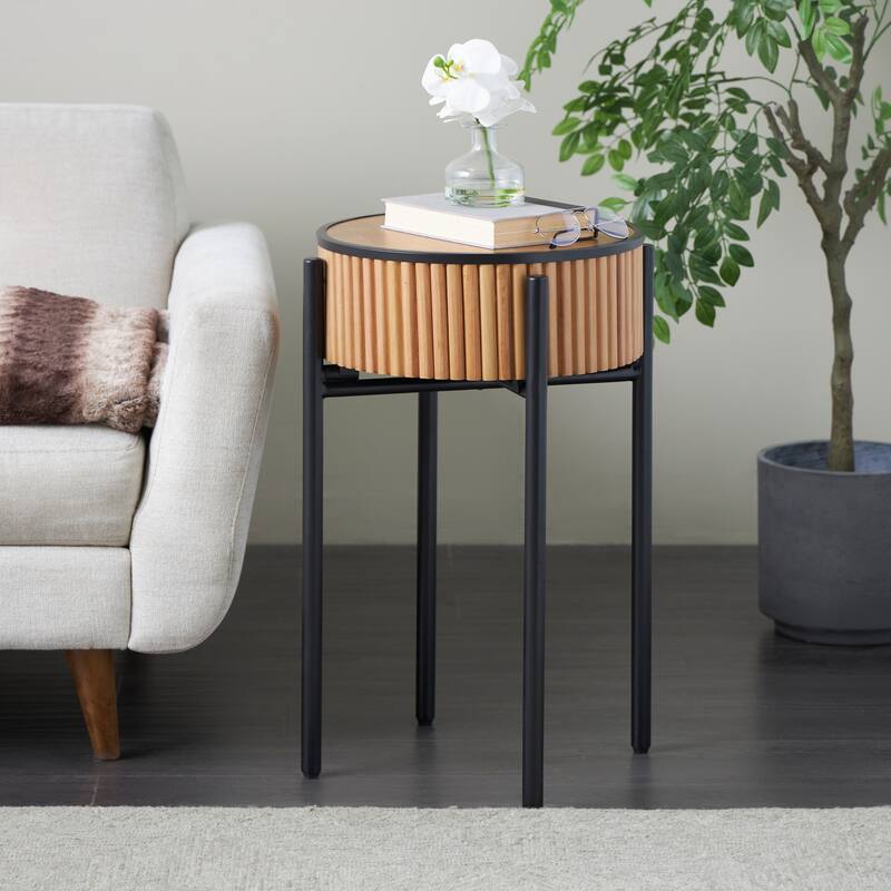 Brown Wood Handmade Slatted Drum Side End Accent Table with Black Metal Legs - 18 x 18 x 27