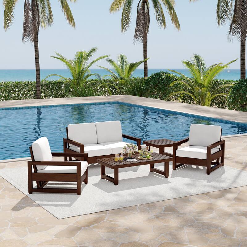 5-Piece Patio Wood Conversation Set with Loveseat, Chairs and Tables