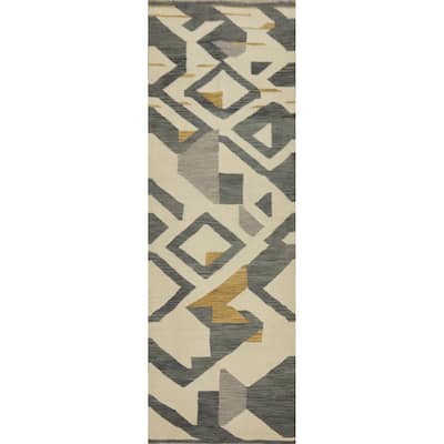 Hand Woven Oriental 100% Wool Carpet Southwestern Modern Beige & Ivories Kilim Runner Rug - 9' 9'' X 2' 8''
