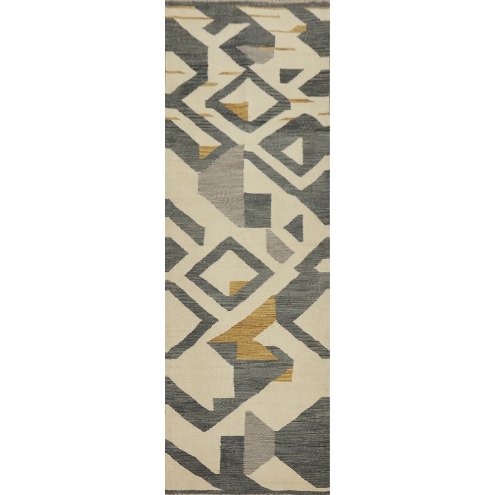Hand Woven Oriental 100% Wool Carpet Southwestern Modern Beige & Ivories Kilim Runner Rug - 9' 9'' X 2' 8''