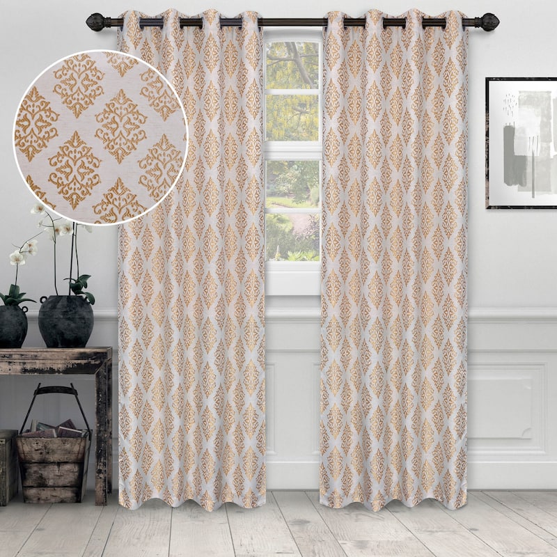 Superior Venetian Damask Jacquard Embroidered Washable Curtains, Set of 2 - 52" x 96" - Gold