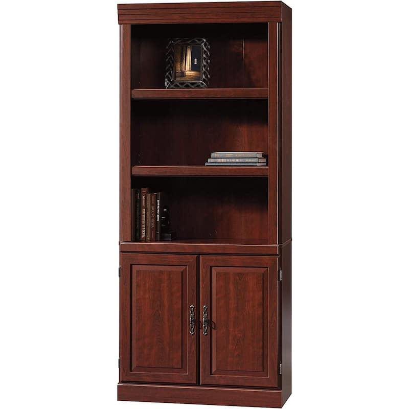 71" Cherry Brown Wooden Hidden Storage Bookcase with Doors and 3 Shelves for Home or Office - 13”W x 29.3”L x 71.2”H