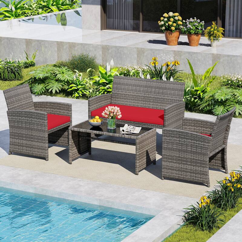 4 Piece Outdoor Patio Furniture Set Mix Gray PE Rattan Loveseat Armchairs and Tempered Glass Coffee Table with Cushions