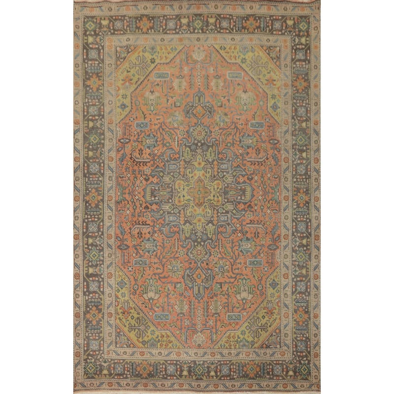 Hand Knotted Oriental 100% Wool Carpet Traditional Floral Peach Tabriz Area Rug - 9' 6'' X 6' 6''