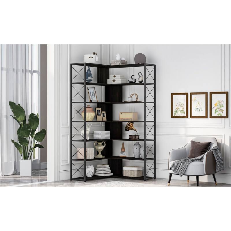 Industrial 7-Tier L-Shaped Corner Bookcase Home Office Bookshelf