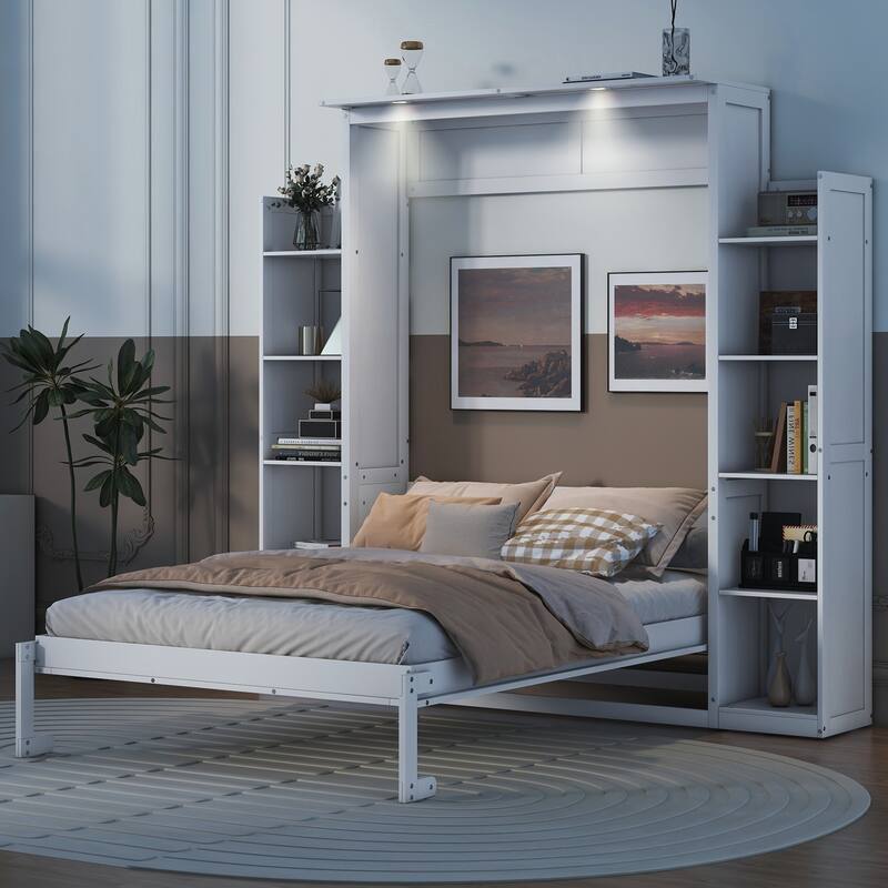 Murphy Bed Frame Foldable Into Wall Cabinet with Bookshelf & LED Light