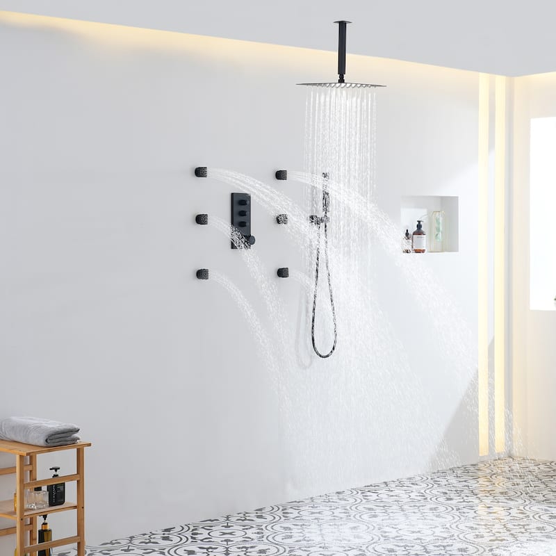 3 Functions 12 Inch Ceiling Mounted Thermostatic Shower System in Matte Black