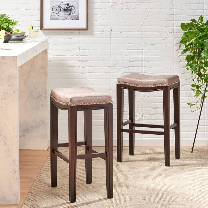 2-Pcs Set Wooden Frame Barstool, Nailhead Trim Saddle Bar Chair, Backless Counter High Chair, Upholstered Dining Chair - Grey