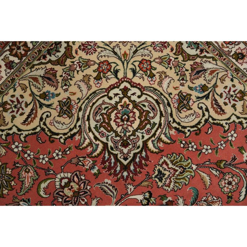 Hand Knotted Oriental Wool & Silk Carpet Traditional Floral Red Tabriz Area Rug - 13' 0'' X 9' 10''