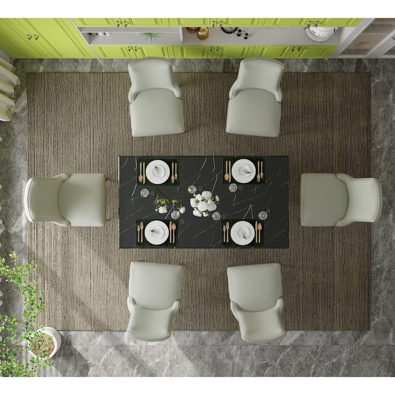 Silver Dining Room Table Set with 65 inch Table and Black Velvet Dining Chairs