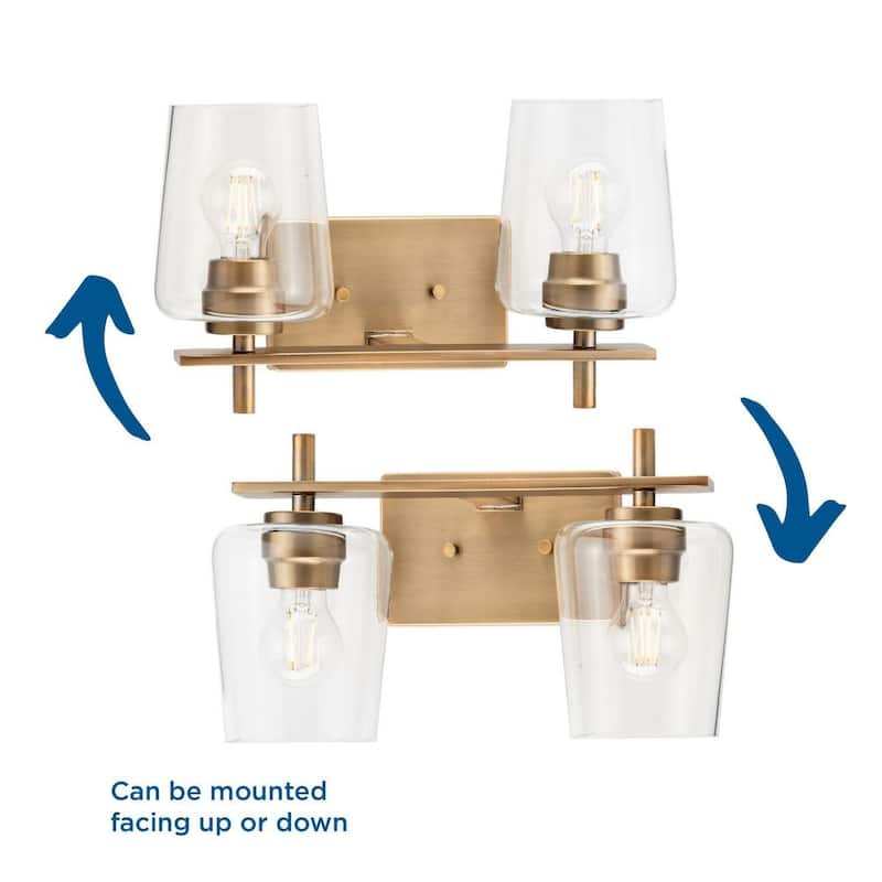 Calais Collection Two-Light Vintage Brass Clear Glass Vanity Light - 14.62 in x 6.5 in x 8.5 in