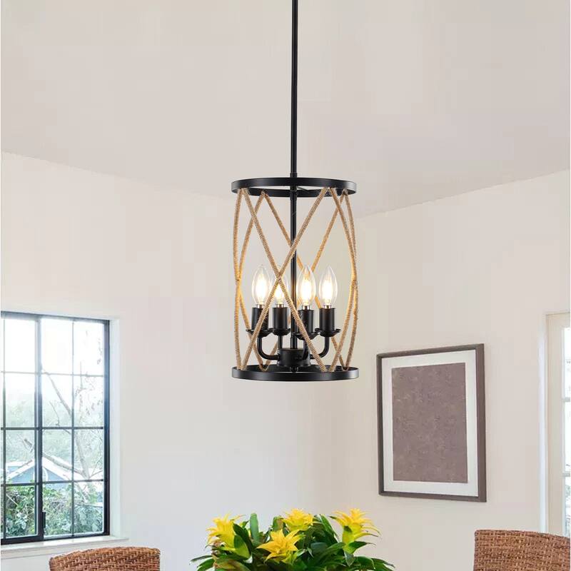 Rustic Rope - Wrapped 4 - Light E12 Pendant Chandelier, Adjustable Height with 3 Rods, Black Metal Frame - Matte Black