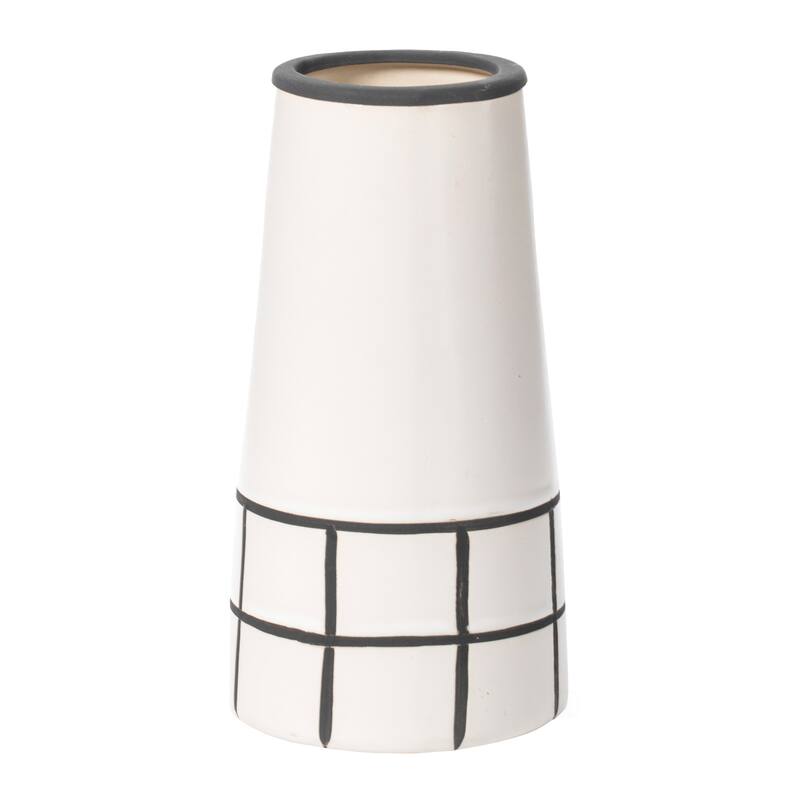 Ceramic Modern Painted Grid Tapered Flower Table Vase, Black and White - Medium