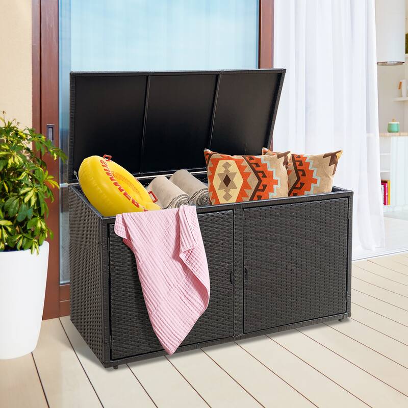 Outdoor Wicker Storage Box Garden Deck Box with Steel Frame